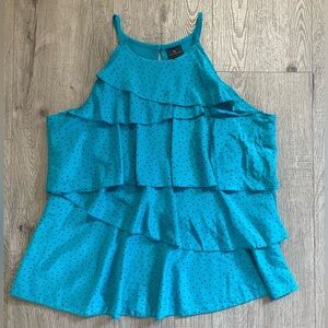 High Neck Sleeveless Tank in Teal with Black Polka Dots, XL Extra Large